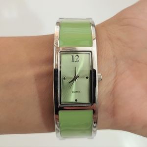 Green and Silver Tone Acute Time Watch Cuff Stainless Steel Case Back Japan MOVT